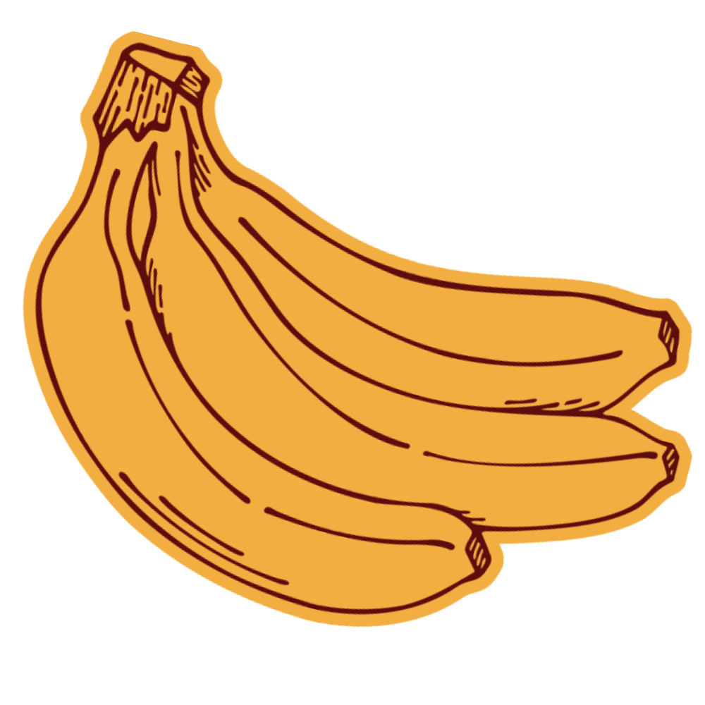 A simple illustration of a yellow bunch of three bananas with brown outline details. representing Vitality Nutrition with Rachel Green in Ohio