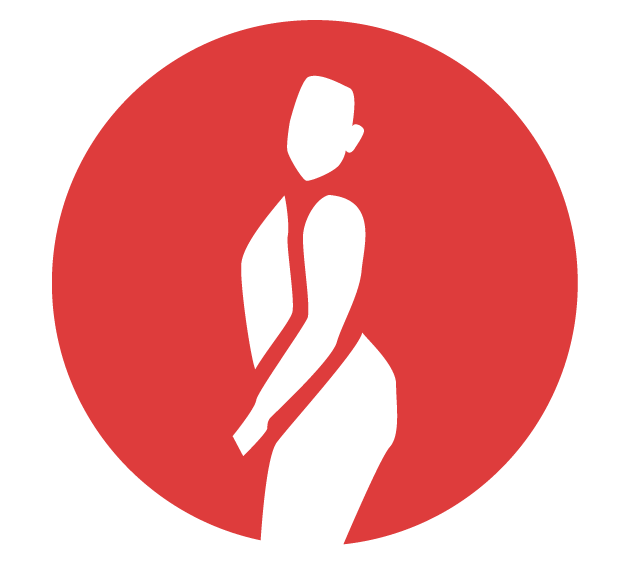 White silhouette of a person in a posing stance against a solid red circle background. representing Vitality Nutrition with Rachel Green in Ohio