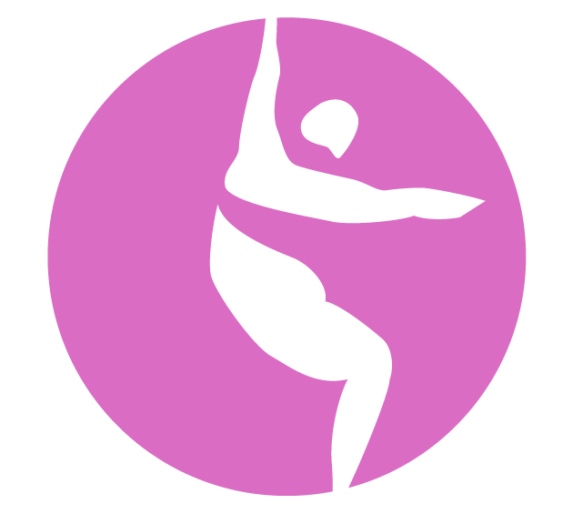 A simple graphic of a person performing pole dance, shown in white silhouette against a pink circular background. representing Vitality Nutrition with Rachel Green in Ohio
