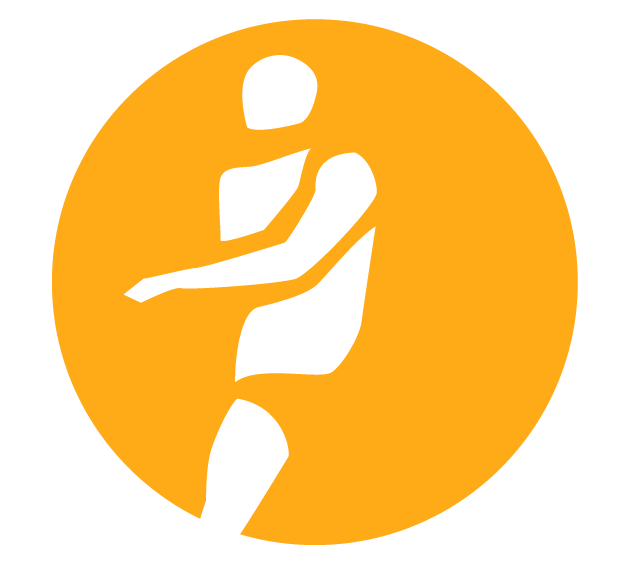A simplified white silhouette of a person in a volleyball passing stance, set against an orange circular background. representing Vitality Nutrition with Rachel Green in Ohio